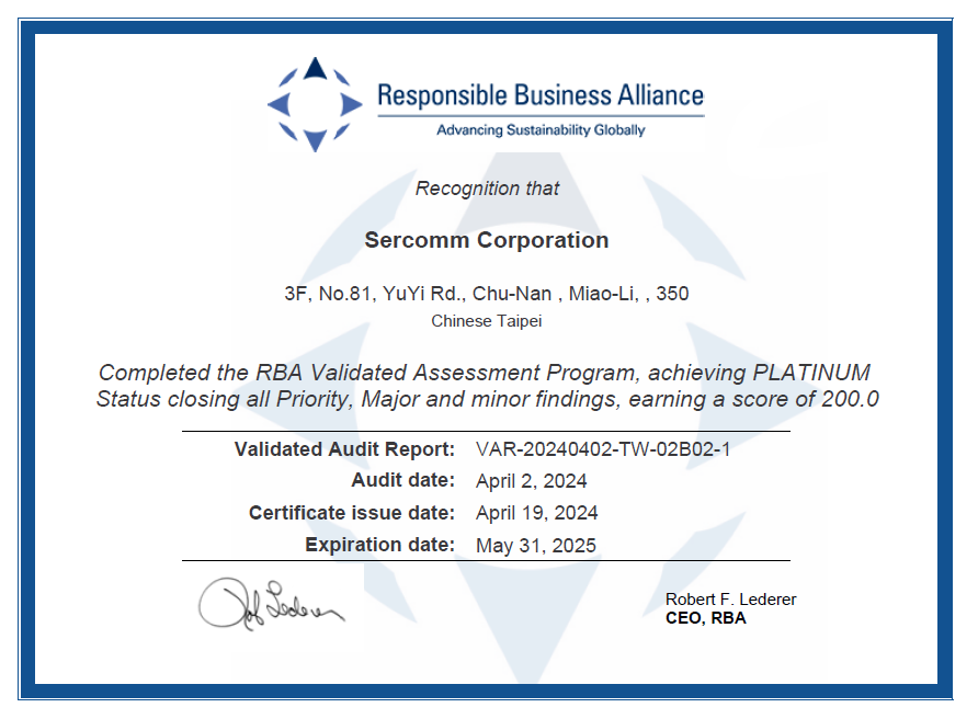 Awarded RBA (Responsible Business Alliance) Platinum Medal Rating