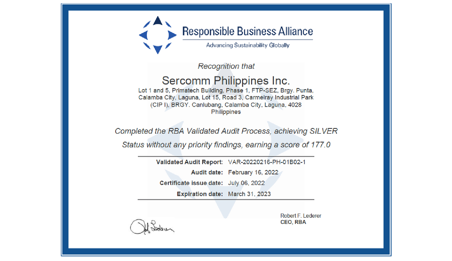 菲律賓工廠於2022年度獲得RBA責任商業聯盟(Responsible Business Alliance, RBA)稽核評鑑銀牌等級